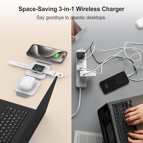Ultimate 3 in 1 Magnetic Wireless Charging Station for Apple Devices – Foldable Travel Charger for i Phone 16, 15, 14, 13, 12 Pro Max, Apple Watch & Air Pods (Sleek White) – Fast, Portable & Durable Power Solution for Tech Enthusiasts
