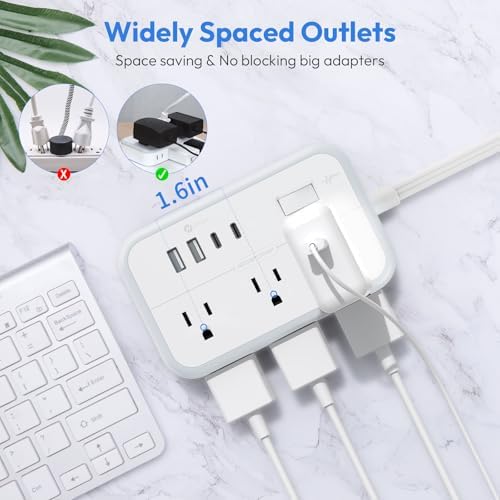 NTONPOWER 6-Outlet Surge Protector Power Strip with 4 USB Charging Ports, Including 2 USB-C Fast Chargers, 5-Foot Flat Plug Extension Cord for Home, Office & Dorm Room – Ultimate Device Protection & Space-Saving Solution