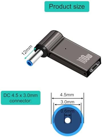 High-Performance Type-C to DC 4.5 x 3.0 mm Laptop Charging Adapter – 100 W Power Delivery for HP Devices – Durable Zinc Alloy Construction with 90° Angle for Optimal Space Efficiency – Rapid Charge Compatibility from 18 W to 100 W – Lightweight, Portable Design Perfect for Professionals On-the-Go – Secure and Stable Connection for Safe Usage – Ideal Accessory for Tech Enthusiasts and Mobile Power Users