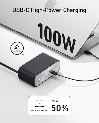 Anker Nano 100 W Power Delivery Charging Station – 7-in-1 USB C Power Strip for i Phone 16/15/14 & Mac Book Air/Pro – 3 AC Outlets, 2 USB A, 2 USB C, 5 ft Slim Cord – Versatile Desktop Charger for Home & Office – Enhanced Device Compatibility & Rapid Charging Solution