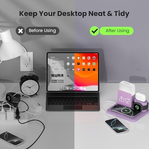 Ultimate 7-in-1 Wireless Charging Station with Dual Alarm Clock – Versatile Charging Dock for i Phone 11-16, Samsung Phones, Apple Watch 9-5/SE, and Air Pods 3/2 (Elegant Purple) – Fast Charging, Space-Saving Design for Modern Lifestyles