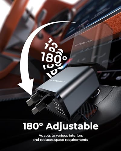 Upgraded MRGLAS Retractable 69 W USB C Car Charger with Dual Type C Cables – 4-in-1 Fast Charging Solution for i Phone 16/15, i Pad, Samsung Galaxy, and Pixel – Compact, Portable, and Compatible Car Accessory for Effortless Power on the Go