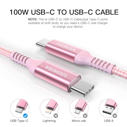 Elevate Your Charging Experience with Awnuwuy 100 W Pink USB C to USB C Cable – 10 ft Long (2-Pack) for Fast Charging & Data Transfer, Compatible with i Phone 15 Series, i Pad Pro, Mac Book Air, Samsung Galaxy S23/S22, Pixel 6 – Stylish Durability & Enhanced Performance for All Your Devices