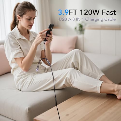 Ultimate 3-in-1 Fast Charging Cable with 120 W Power Output – USB-C, Micro USB & i OS Compatibility | Enhanced Nylon Braided Design with LED Display for Real-Time Monitoring | 3.9 ft Length for Versatile Device Charging – Perfect for Laptops, Phones & Tablets
