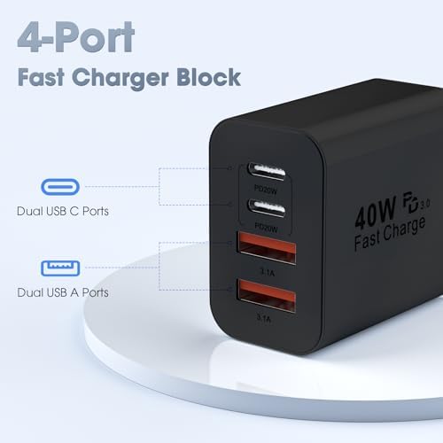 40 W USB C Charger Block – 2 Pack 4-Port Fast Charging Adapter for i Phone & Samsung Devices – PD 3.0 & QC 4.0 Dual Quick Charge Technology – Multi-Device Compatibility in Sleek Black Design – Safe, Efficient Charging Solution for Home & Travel