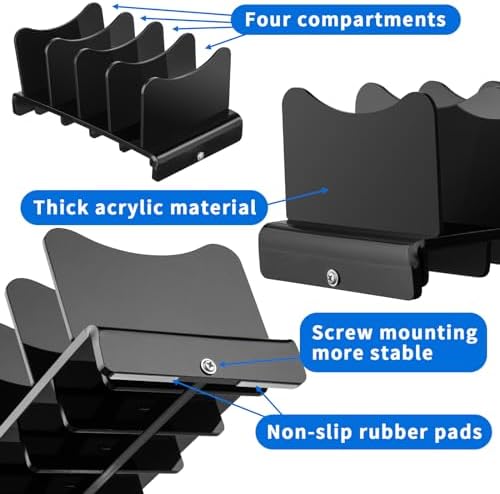 Sleek Acrylic Multi-Device Charging Stand – Black Organizer for Power Banks, Phones & Tablets – 4 Slot Desktop Holder with Enhanced Airflow for Rapid Charging & Tangle-Free Storage – Ideal for Home & Office Use