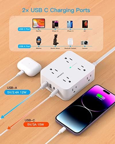 HANYCONY 15 Ft Extension Cord Power Strip with 8 AC Outlets & 4 USB Ports (2 USB-C) – 1080 J Surge Protector for Enhanced Safety, Wall Mountable Desk Charging Station for Home Office & College Dorm Essentials
