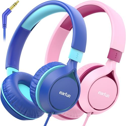 Ear Fun S1 Kids Headphones – Safe 85 d B Volume-Limited Wired Headphones with Adjustable Headband | Foldable Lightweight On-Ear Design in Vibrant Blue & Pink | Ideal for School, Travel, and Everyday Listening | Exceptional Stereo Sound for Young Ears