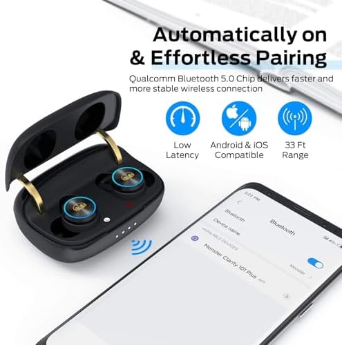 Unleash Superior Sound Quality with Monster Clarity 101 Plus Air Links Wireless Earbuds – Advanced Bluetooth 5.0 In-Ear Headphones with Immersive Deep Bass, Built-in Microphone for Effortless Calls, Ergonomic Comfort Fit for Extended Use, and Durable Water-Resistant Design Ideal for Active Lifestyles – Compact Charging Case for Ultimate Portability and Device Versatility