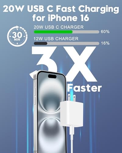 20 W Fast Charger Bundle for i Phone 16 Series & i Pad Models – Dual USB-C Wall Charging Blocks with 3 FT Cable for Lightning-Fast Device Power-Up and Enhanced Compatibility with Air Pods – Ideal for Busy Lifestyles and Travel