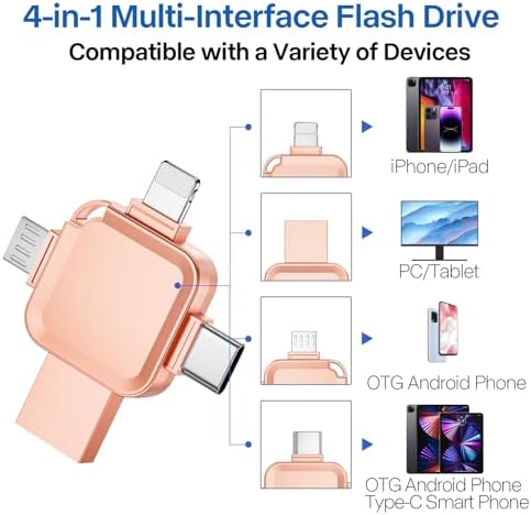 Revolutionize Your Data Storage with the LANSLSY 128 GB 4-in-1 Flash Drive – Effortless Compatibility for i Phone, i Pad, Android, PC, and Mac – No App Required for Instant Access! Enjoy Enhanced Transfer Speeds and 4 Versatile Ports: Lightning, USB Type-A, USB Type-C, and Micro USB. Perfect for Storing Photos, Videos, and Documents with Ease – Ideal for Students, Professionals, and Photographers on the Go! Compact and Stylish Pink Design Makes It a Must-Have Accessory for Your Tech Gear. Say Goodbye to Data Management Hassles and Keep Your Files Securely Accessible Anytime, Anywhere!