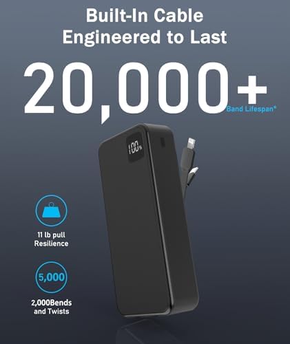 30000 m Ah Portable Power Bank – High-Capacity Fast Charger with Dual Built-In Cables for i Phone 15/14/13, Samsung Galaxy, and i Pad – 22.5 W PD QC4.0 Quick Charge Technology – Sleek Black Design for On-the-Go Charging