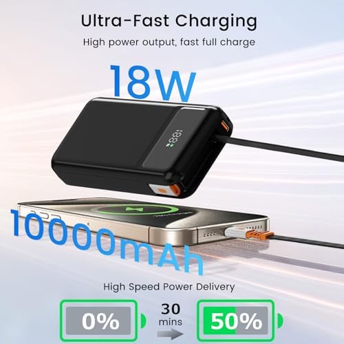 LUCKYDUO 10000 m Ah Power Bank with Retractable 2.3 ft Charging Cable – Ultra-Compact Fast Charging USB-C Battery Pack for i Phone 16/15/Pro & Samsung – LED Display for Travel-Friendly Power Solution and Universal Device Compatibility