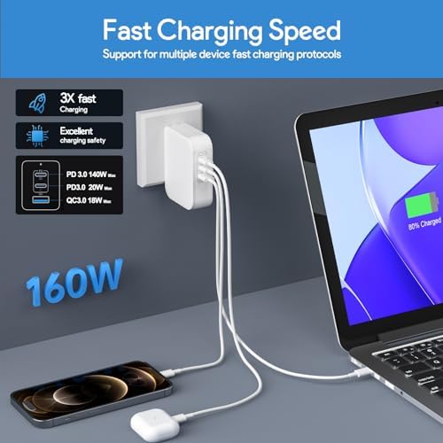 High-Efficiency 160 W USB-C Fast Charger for Mac Book Pro & Air – 3-Port QC+PD Power Adapter with Dual Cables for Ultimate Charging Flexibility – Rapidly Charges Laptops, i Pad Pro & i Phone – Compact Design with Smart Safety Features for Travel & Home Use