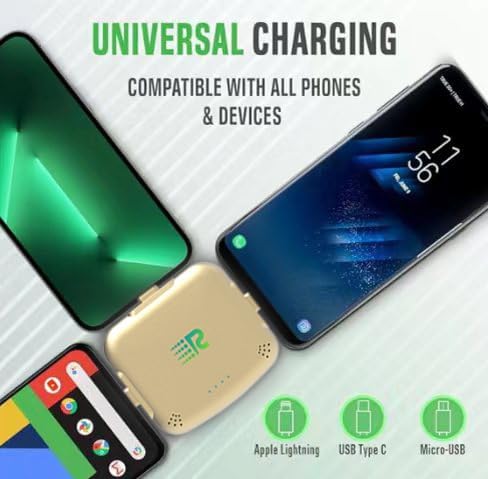 Ultimate Universe 3-in-1 Portable Charger – 3300 m Ah High-Speed Power Bank for i Phone & Android – Fast Charging with 2.4 A Output – Sleek RC33 Gold Design – Simultaneous Charging for 3 Devices – Versatile Compatibility with Lightning, Type C & Micro-USB