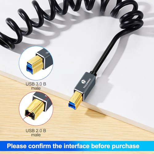 Retractable Coiled USB B to USB C Cable for High-Speed Data Transfer – 5 Gbps Compatibility with Mac, PC, Laptops, MIDI Keyboards, and DJ Controllers – Adjustable Length from 0.75 FT to 3.3 FT for Effortless Connectivity and Organization