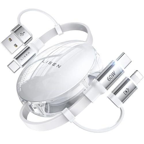 LISEN 5-in-1 Retractable Fast Charging Cable – 60 W Multi-Device Charger for i Phone, i Pad & Samsung with USB-C/A Ports – Compact and Portable Charging Solution for On-the-Go Power Needs