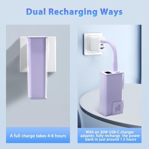 Miady 10000 m Ah Portable Charger with Built-in Foldable Wall Plug – PD 30 W Fast Charging Power Bank with USB-C Cable & LED Display – Lightweight Travel Essential for i Phone & Galaxy Smartphones in Stylish Cream Blue – Ultimate On-the-Go Charging Solution