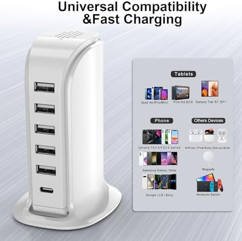 Upoy Multi-Device Charging Station – Stylish USB Tower Hub with 5 USB Ports + 1 Type-C Port for Rapid Charging | Perfect Desk Accessory for Apple, Samsung, and Android Gadgets | Compact Design with Overload Protection for Home and Office Use