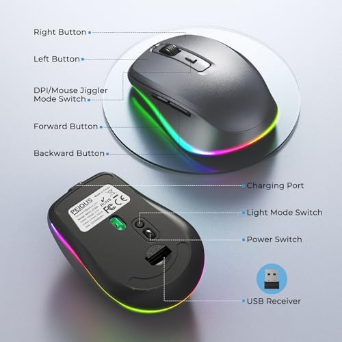 PEIOUS Rechargeable Wireless Mouse with LED – Innovative Jiggler Technology to Keep Your Computer Awake – Sleek Black Design for Optimal Comfort and Productivity