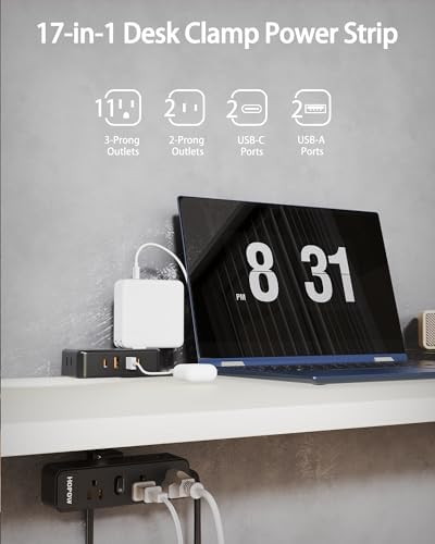 15 FT Under Desk Surge Protector Power Strip with 13 Outlets & 4 Fast Charging USB Ports – Dual Layer Desktop Clamp Charging Station for Home & Office – Enhanced Safety with 1700 Joules and Flexible Extension Cord