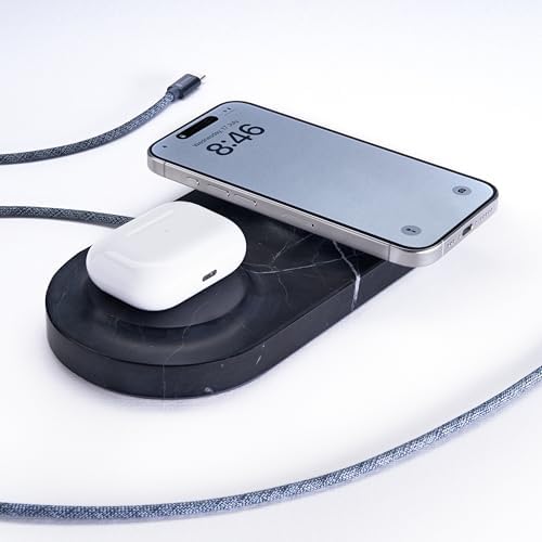 Elevate Your Charging Experience with the Einova Dual Classic Stone – Luxurious Wireless Charging Pad in Genuine Black Marquina Marble, Handcrafted in Italy, Featuring a 6 ft Integrated USB-C Cable for Fast Charging of Smartphones, Wireless Earbuds, and Smartwatches – Unmatched Aesthetics and Broad Compatibility for Qi-Enabled Devices