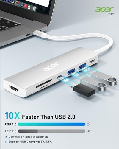 Acer 7-in-1 USB C Hub with 4 K HDMI Splitter – Ultimate Connectivity Solution for Laptops & PCs – Fast 5 Gbps Data Transfer, PD 100 W Charging & SD Card Reader – Transform Your Workspace with Enhanced Performance and Versatility