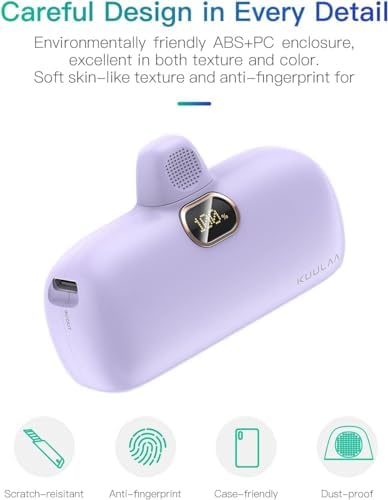 Kuulaa 5000 m Ah USB-C Power Bank with Built-in Plug – PD20 W Fast Charging Battery Pack for i Phone 15/16, Samsung S22/S23 & Android Devices – Compact Design with LCD Display for On-the-Go Convenience and Enhanced Compatibility