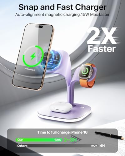 Revolutionary EXW Multi-Device Wireless Charging Hub: High-Performance Mag Safe Charger for i Phone 16/15/14/13/12, Apple Watch Series 1-9, and Air Pods – Sleek Black Finish with LED Charging Indicator & Complimentary Adapter for Effortless Device Management