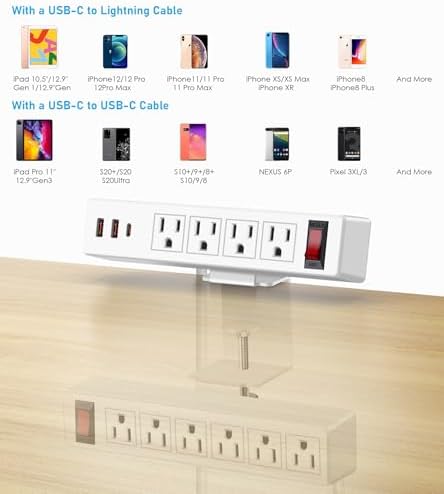 Ultimate Under-Desk Power Management Hub: Dual Layer Desk Clamp Surge Protector with 10 AC Outlets & 3 Fast USB Ports (20 W USB-C), 6 Ft Extension Cord for Efficient Office & Home Charging – ETL Listed for Enhanced Safety and Reliability