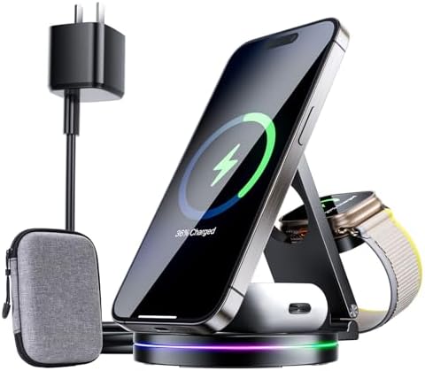 Ultimate 3-in-1 Wireless Charging Station for Apple Devices – 30 W Fast Mag-Safe Qi2-Certified Charger Stand for i Phone, Apple Watch & Air Pods – Adjustable Viewing Angle & Sleek Black Design for Enhanced Convenience and Speed – Ideal for Home & Office Use