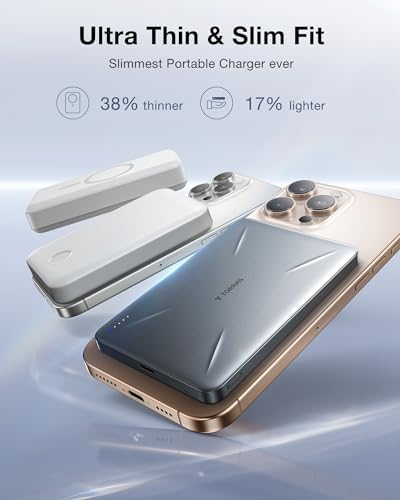 TORRAS Mag Safe-Compatible 5,000 m Ah Slim Portable Charger – Fast Wireless Charging Power Bank for i Phone 12-16 – Ultra-Thin Magnetic Battery Pack with USB-C Cable for Effortless On-the-Go Power Solutions