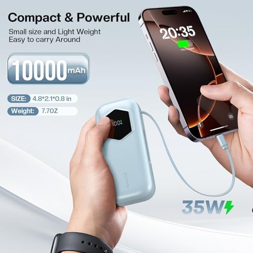 Ultra-Fast 2025 Portable Power Bank 10000 m Ah with Integrated Retractable PD Cable – 35 W Quick Charge Solution for i Phone, Samsung, Android, i Pad & Mac Book – Dual Device Charging Capability & Intelligent LED Power Indicator (Chic Blue)