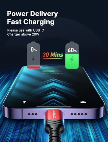 JSAUX 6 FT USB C to Lightning Cable – Apple MFi Certified Fast Charging Cord for i Phone 14/13/12 Series – Durable Braided Nylon, Tangle-Free Design, Vibrant Red – Optimal Compatibility & Speed for Seamless Connectivity