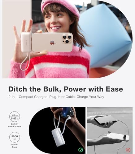 Pogomini Ultra-Compact 5000 m Ah Power Bank with Built-in USB-C Cable – 22.5 W Fast Charging for i Phone 16, Galaxy S25 & More – Ideal Travel Backup Battery, Sleek Arctic White Design for Effortless Portability and Universal Compatibility