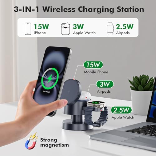 Ultimate 3-in-1 Wireless Charging Hub with Integrated Night Light – Fast 15 W Charger for i Phone 16/15/14 & Air Pods, 2.5 W Apple Watch Ultra Compatible with Foldable Magnetic Stand for Optimal Viewing – Perfect for Home or Office Use