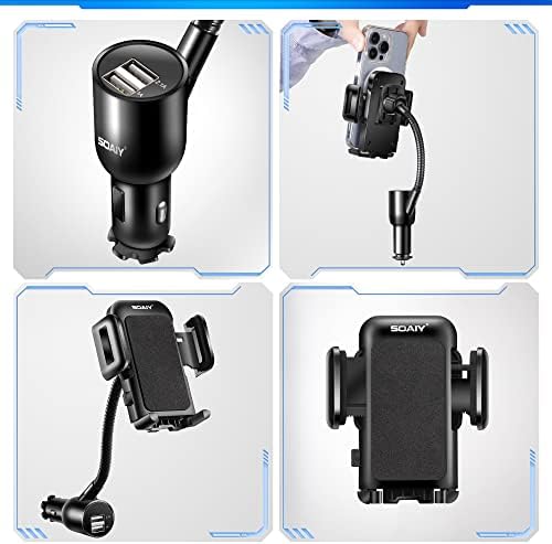 SOAIY 3-in-1 Cigarette Lighter Car Mount with Voltage Detector – Dual USB 3.1 A Charger, Flexible Gooseneck, and 360° Rotating Cradle for Enhanced Smartphone Compatibility (Fits 1.7-3.7 Inch Devices) – Ultimate Driving Convenience and Safety Solution