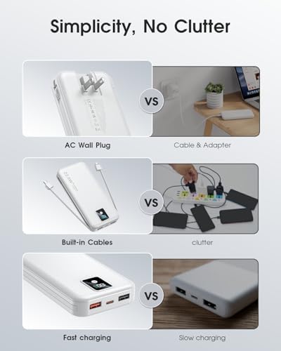 High-Efficiency 12000 m Ah Portable Power Bank with Built-In Cables and AC Plug – USB-C 22.5 W Fast Charger for i Phones, i Pads, Samsung Devices – Lightweight, Compact External Battery for Ultimate Mobility and Enhanced Device Compatibility