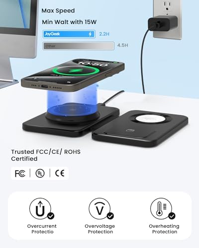 Magnetic Wireless Charging Station for i Phone 15/14/13/12 Pro Max & Apple Devices – Joy Geek 3-in-1 Fast Charger Pad for i Phone, Apple Watch Ultra 9-2, and Air Pods – Compact Design with Enhanced Compatibility and Secure Magnetic Alignment