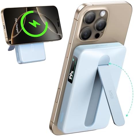 ESR Mag Safe Power Bank – 10,000 m Ah Portable Charger with Kickstand, Qi2 Certified 15 W Fast Charging, 27 W USB-C Output & LED Display for i Phone 12/13/14/15/16 – Sleek White Design for Effortless On-the-Go Power Management