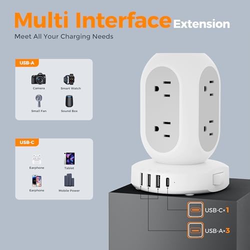 TESSAN Surge Protector Power Strip Tower with 10 Ft Flat Plug Extension Cord – 8 AC Outlets & 4 High-Speed USB Ports (1 USB-C) – 1050 Joules Protection – Ideal Charging Station for Home, Office, and Dorm Room Use – Maximize Safety and Organization