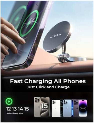 LISEN Mag Safe Car Charger with Ultra-Magnetic Phone Holder – High-Speed 15 W Wireless Charging for i Phone 12-16 Pro Max Plus – Secure Dashboard Mount for Seamless Navigation & Hands-Free Communication – Premium Automotive Accessory for Enhanced Driving Efficiency and Safety