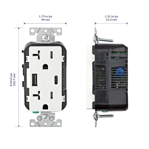 Leviton Dual USB In-Wall Charger with 20 A Tamper-Resistant Outlet – Type A & Type-C Compatibility for Smartphones and Tablets, Light Almond Finish – Streamlined Charging Solution for Home and Office Spaces