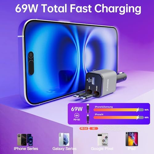 Premium Flexino Compact Retractable Car Charger for i Phone 16 – 69 W Fast Charging with Dual 2.6 ft USB C Cords | Efficient Power Adapter Compatible with i Phone 16/15/14/13/12 Series & Galaxy Devices | Sleek Grey Design for Ultimate Portability and Reduced Cable Clutter