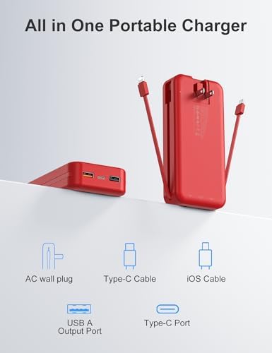 Ultra-Portable 20000 m Ah Power Bank with Built-In Cables & AC Plug | PD 20 W Fast Charging for i Phone, Samsung, Android | LED Display Travel Charger – Charge Multiple Devices Seamlessly and Stay Powered On-the-Go