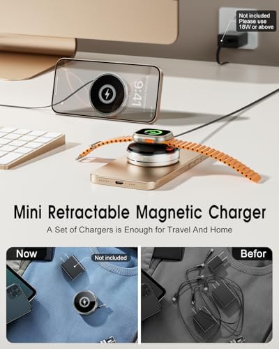 Revolutionary 2-in-1 Retractable Mag Safe Charger for i Phone 15/16 Pro – Ultimate Magnetic Wireless Charging Station for Air Pods & Apple Watch, Compact Travel Design, Fast Charging, Sleek Silver Finish, Enhanced Compatibility for Apple Devices