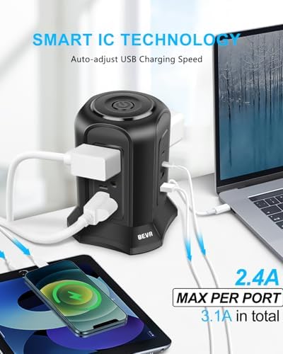 BEVA Tower Surge Protector Power Strip: 9 AC Outlets & 4 Fast-Charging USB Ports for Ultimate Device Connectivity, 6.5 FT 18 AWG Extension Cord with 3-Prong Flat Plug – Ideal Desk Charging Station for Office, Dorm & Home Use, Ensuring Safety & Efficiency