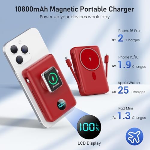 Revolutionary Magnetic Portable Charger for i Phone – 6-in-1 Power Bank with 10,800 m Ah Capacity, Built-in Cables, Apple Watch Charger, and LCD Display – 25 W PD Fast Charging for i Phone 16/15/14/13/12 and Mag Safe Compatibility – Ultimate On-the-Go Charging Solution