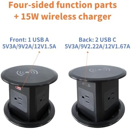 ZESHAN Sleek Pop-Up Power Outlet with 15 W Wireless Charging Station – Dual US Outlets, USB A & USB C PD Fast Charging Ports for Effortless Connectivity at Home or Office – Ideal for Conference Tables and Kitchen Counters, Modern Black Finish