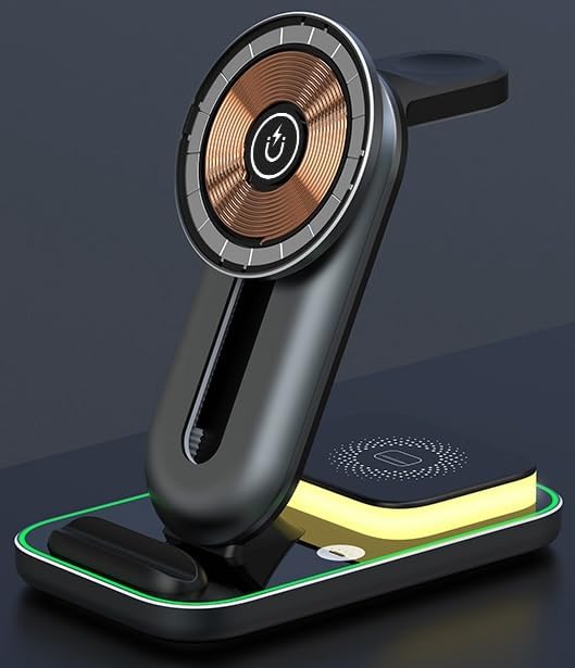 Effortless Charging Hub: Mag Safe-Compatible 3-in-1 Wireless Charger Stand for i Phone, Apple Watch & Air Pods – Adjustable Height & Built-in Night Light for Optimal Convenience – Sleek Black Design for Home & Travel Use